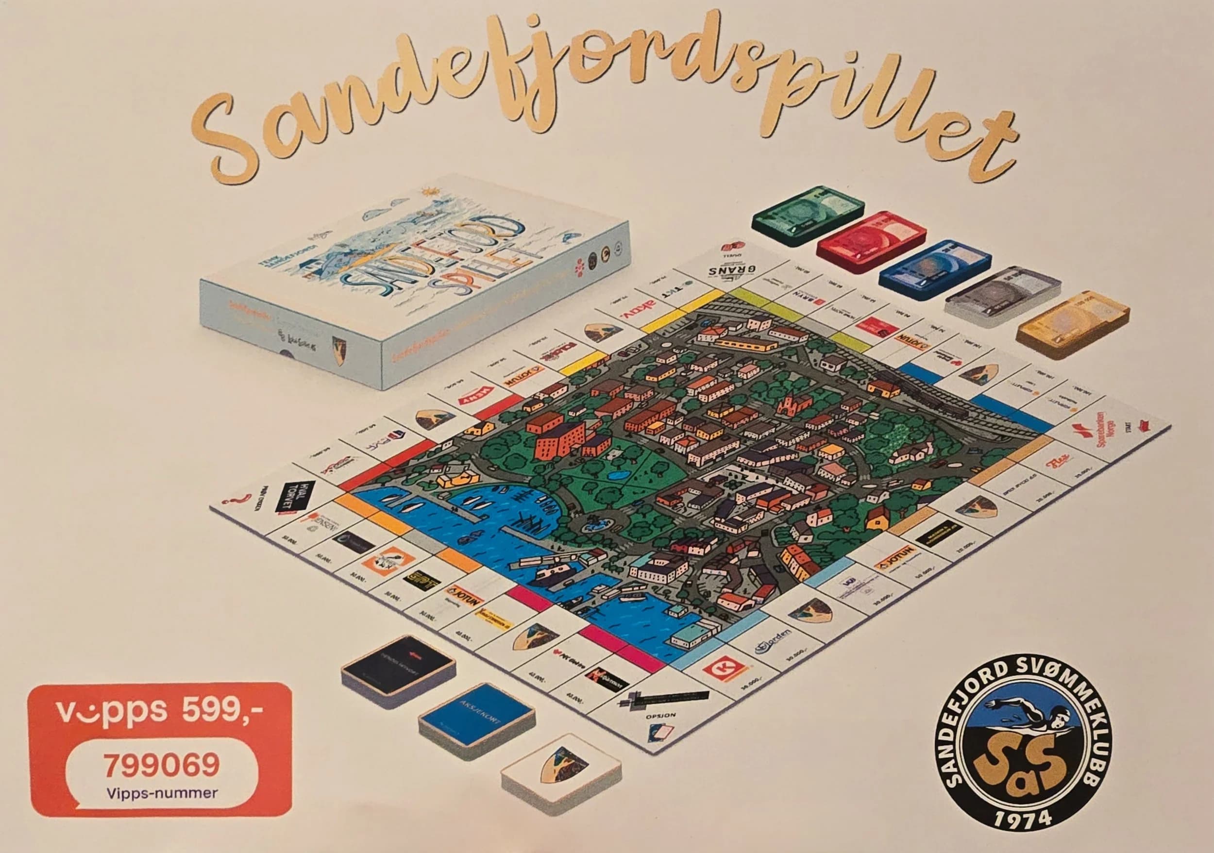 Sandefjordspillet — spillbrett med kart over Sandefjord, spillkort, spillepenger og esken